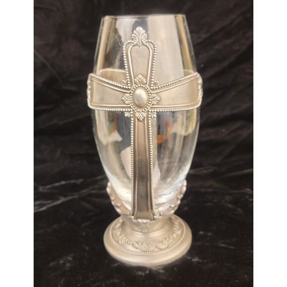 Vintage FTD Pewter and Glass Cross Urn Chalice Decorative Vase - Picture 4 of 16